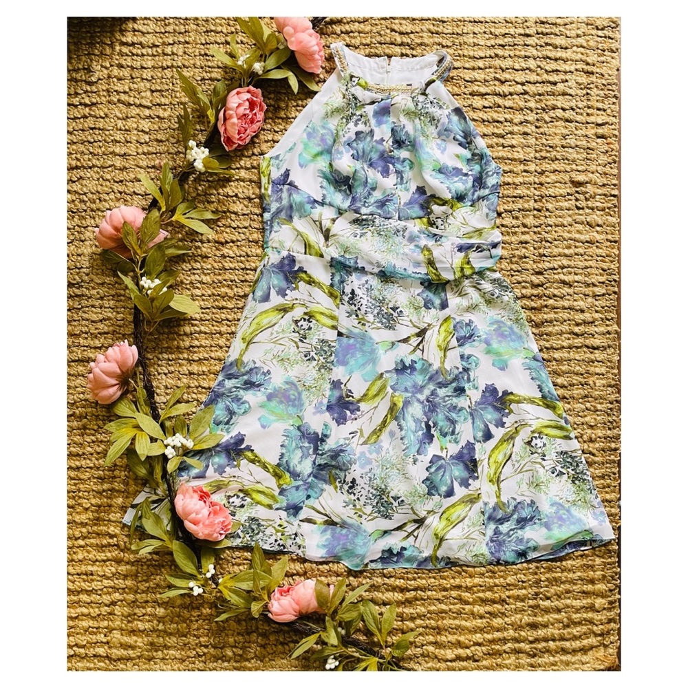 16w Lovely by Adrianna Papell floral print dress lime green purple blue